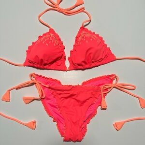 NWOT Victoria’s Secret Sequin Coral Peach Bikini Set Triangle Top Lg Side Tie XS